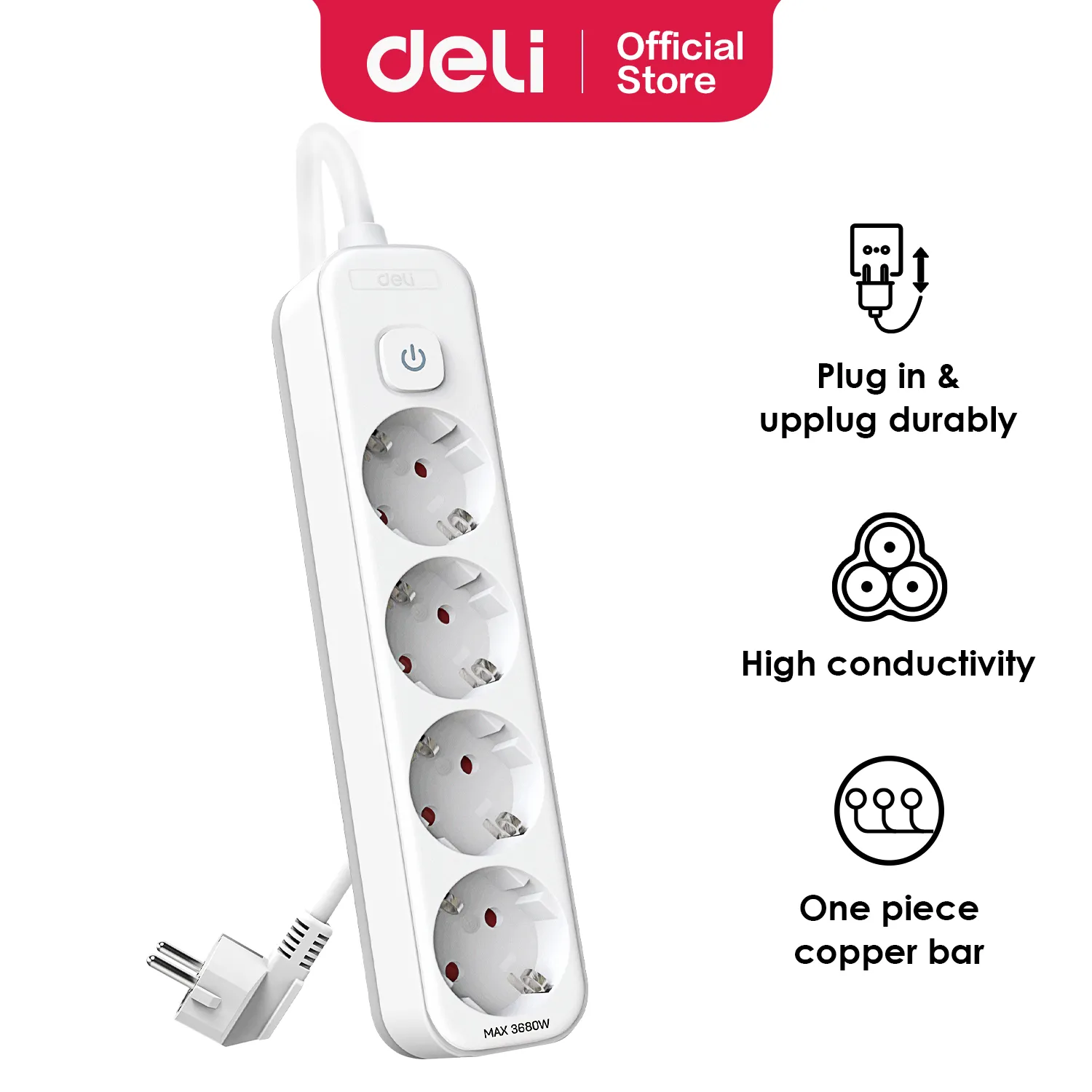 Deli T434 Сетевая розетка Количество гнезд: 4; Длина кабеля: 1.8 м; Белая