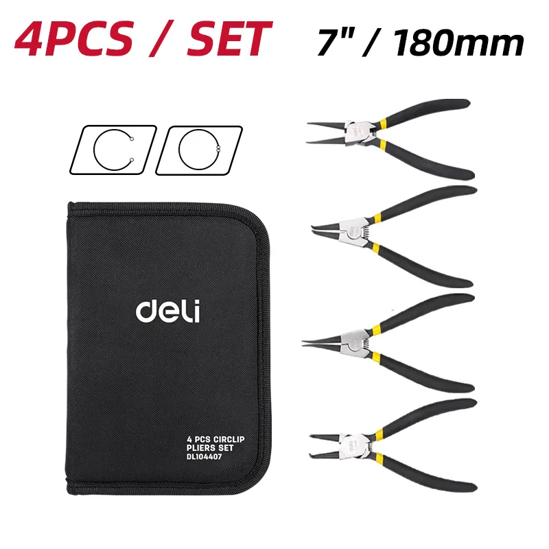 Deli EDL104407 Набор щипцов для стопорных колец 4Pcs/Set черный