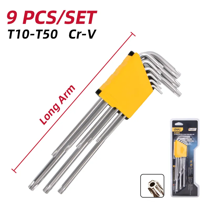 Deli DL3095 Набор из 9 шестигранных ключей Torx T10-T50 жёлтый, удлинённые