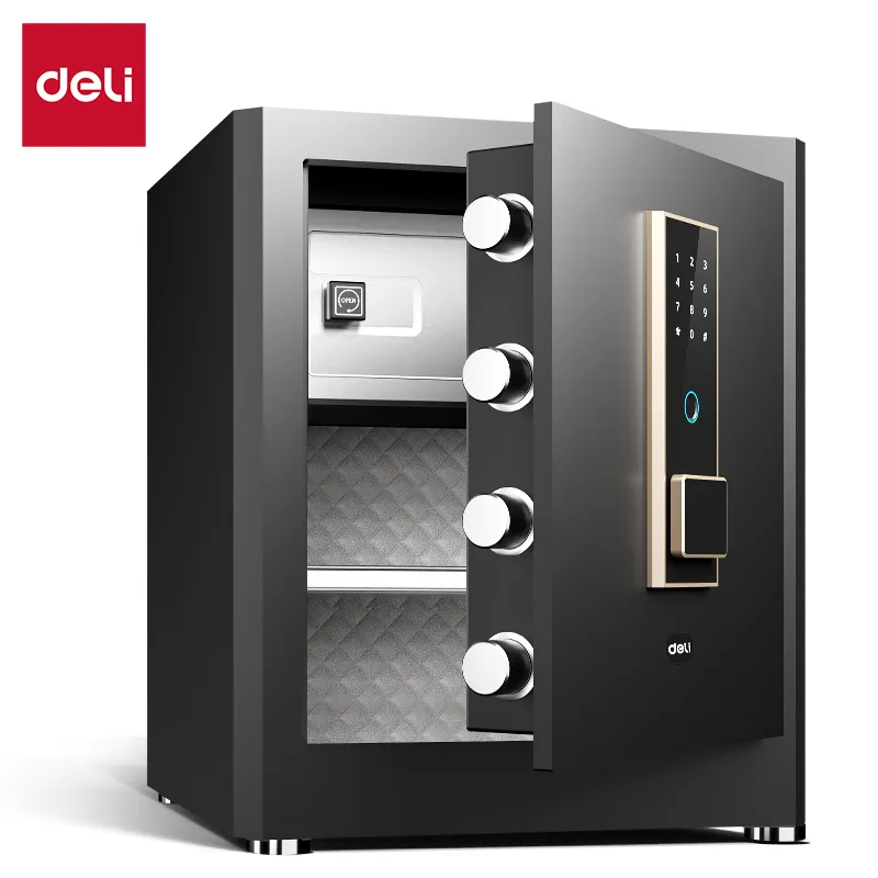 Deli T595 Сейф с сканером отпечатков пальцев и цифровой панелью Толщина двери/корпуса:11.5/1.5мм;Размер(см):45*38*32; Черный