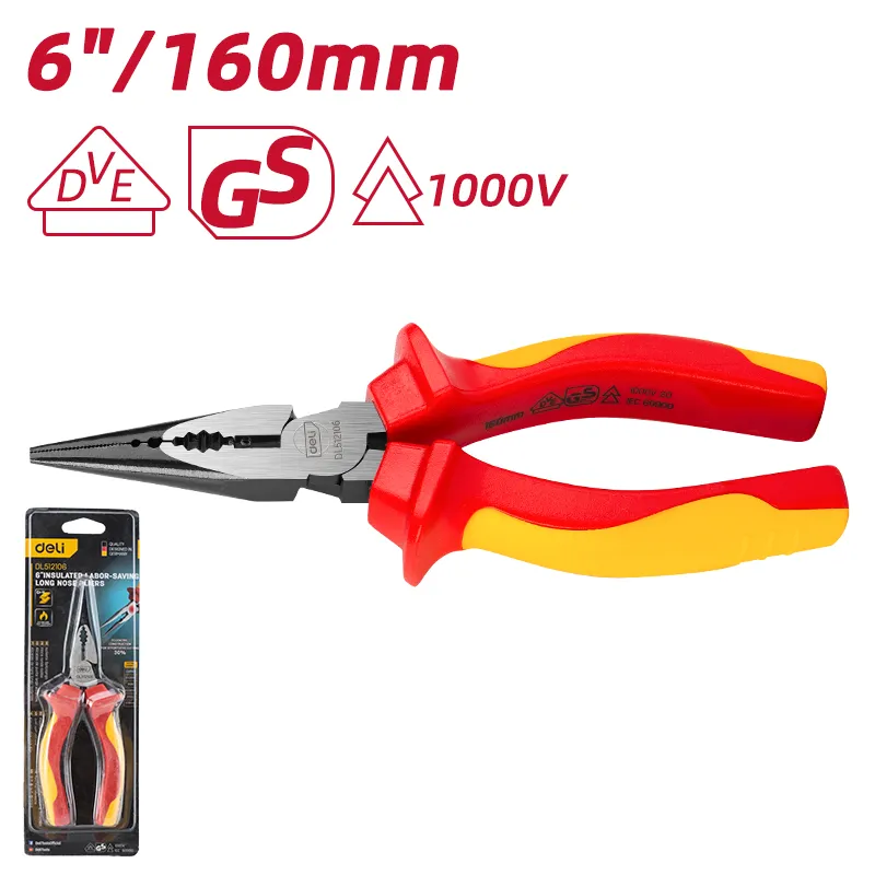 Deli EDL512106 Изолированные удлиненные плоскогубцы с экономией усилий 6" Красные