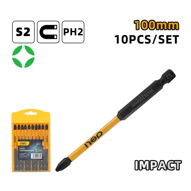 Deli EDL251100 Набор бит для отвёртки 10 шт PH2x100mm чёрные
