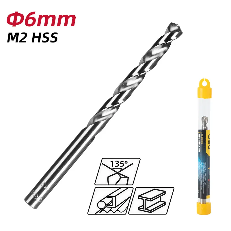 Deli EDL16060G Спиральное сверло M2 HSS 6mm серебристое