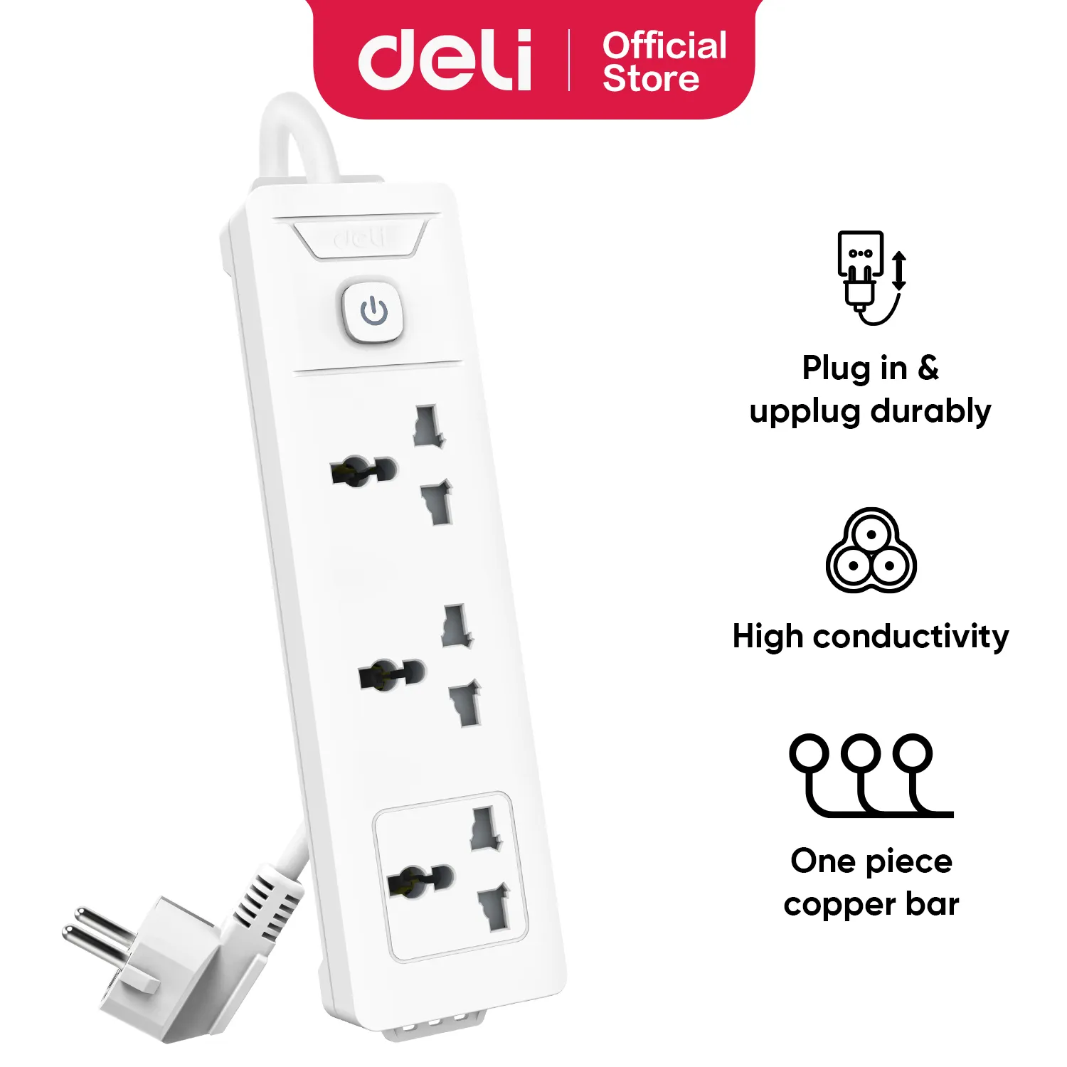 Deli T401 Силовая розетка Количество гнезд: 3; Длина кабеля: 3 м; Белая