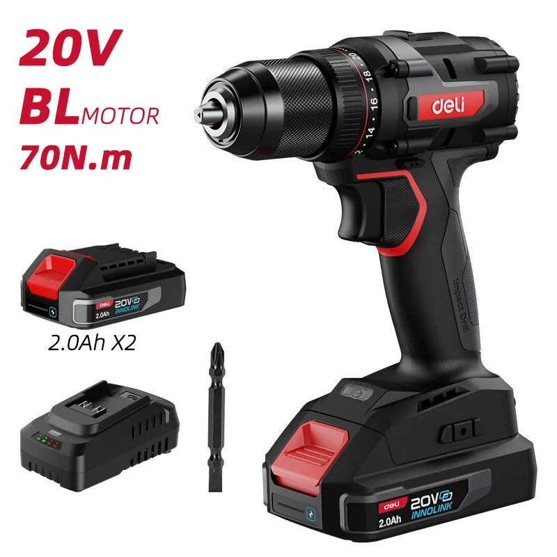 Deli EDE-DZ20-2D2 Литий-ионная аккумуляторная дрель 20V 70N.m красная