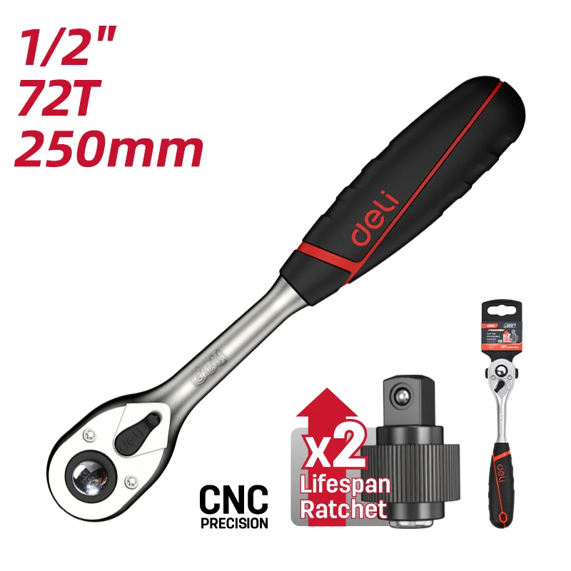 Deli EDQ43802 Трещотка реверсивная 1/2" 72T Dr. 12" 72T Red+Black