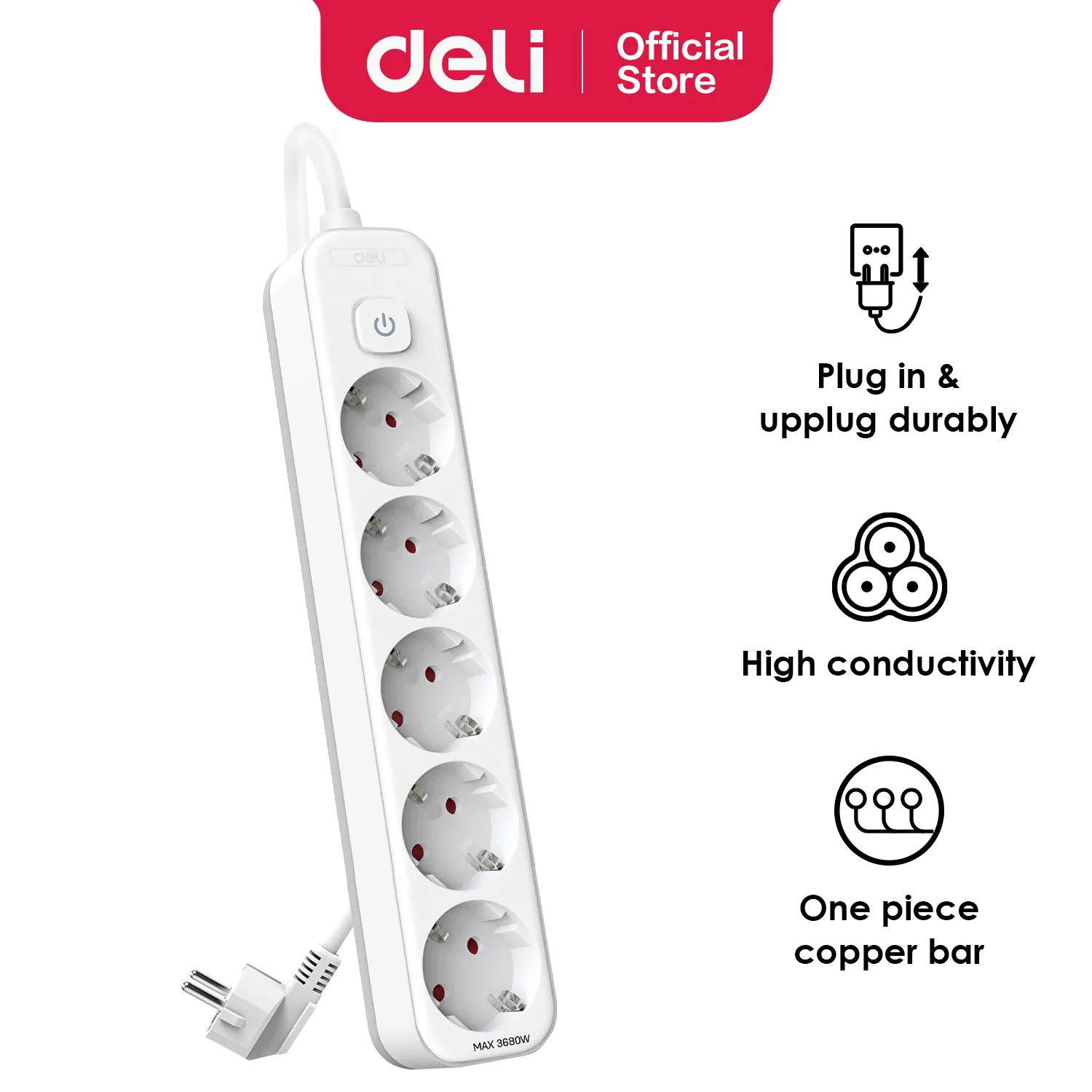 Deli T438 Силовая розетка Количество отверстий: 5; Длина кабеля: 3 м; Белая