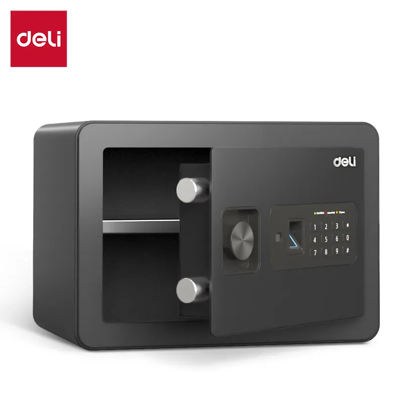 Deli T591 Сейф с отпечатком пальца и цифровым кодом Толщина двери/коробки:3/1.5мм;Размер(см):25*35*25; Черный