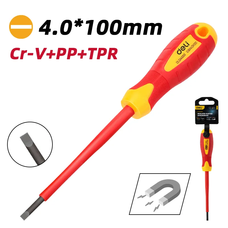 Deli EDL5141001 Изолированная отвёртка шлицевая 4.0*100(мм) Красная