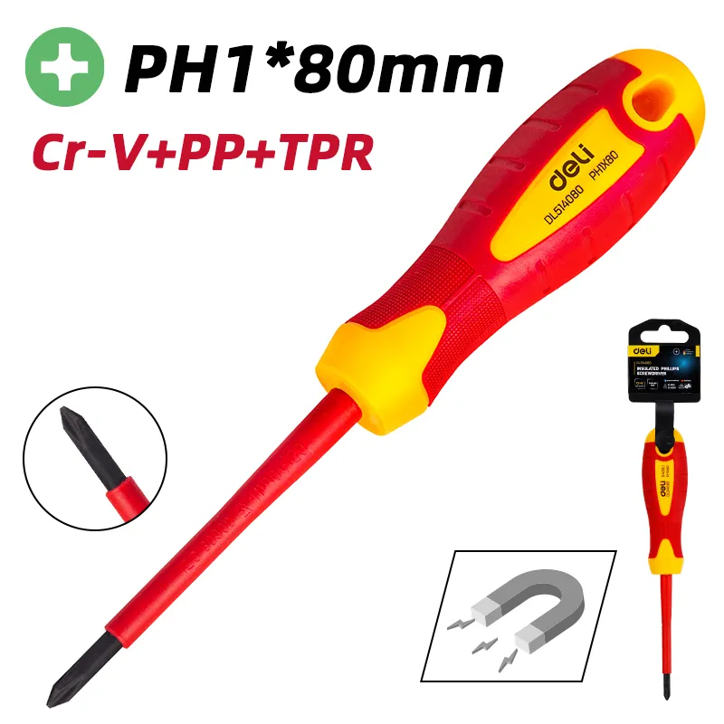 Deli EDL514080 Изолированная отвертка Phillips PH1*80(mm) Красная