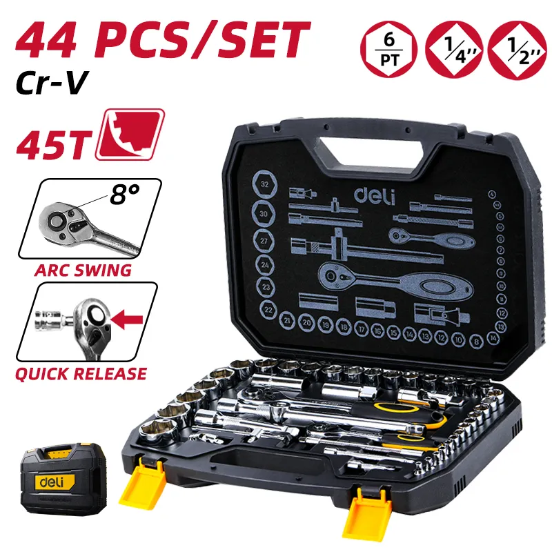 Deli EDL1044 Набор головок 44 шт 1/2"+1/4 Спецификация: 44 шт 1/2"+1/4"; Материал: Crv Silver