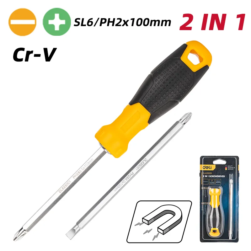 Deli EDL626001 Отвертка 2 в 1 SL6/PH2×100mm Желтая