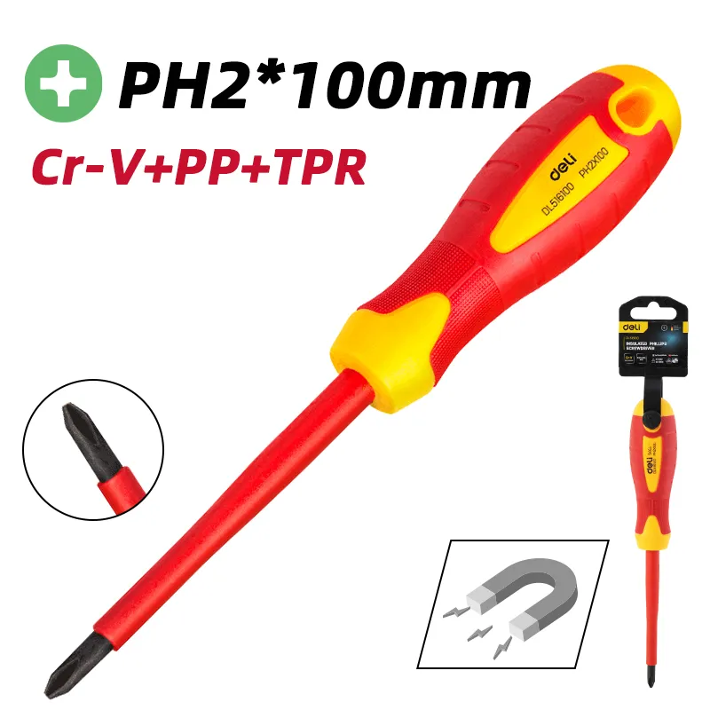 Deli EDL516100 Изолированная отвёртка Phillips PH2*100(mm) красная