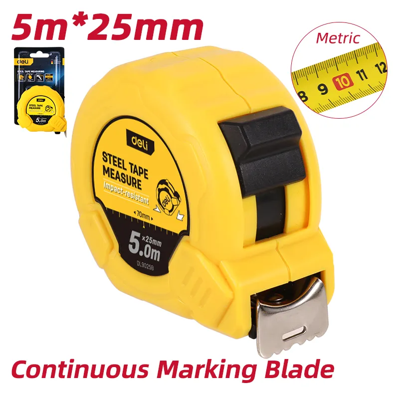 Deli EDL9025B Стальная рулетка 5м*25мм желтая