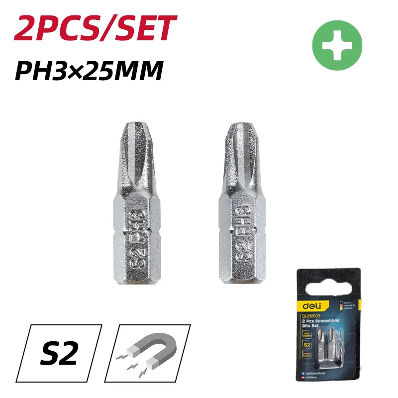 Deli EDL251003 Набор битов для отвертки 2 шт PH3x25mm Silver