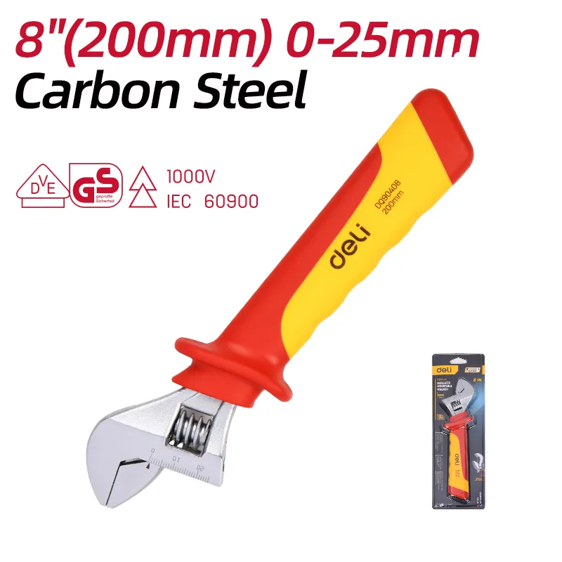 Deli EDQ90408 Изолированный регулируемый гаечный ключ 8"(200mm) 0-25mm красный+желтый