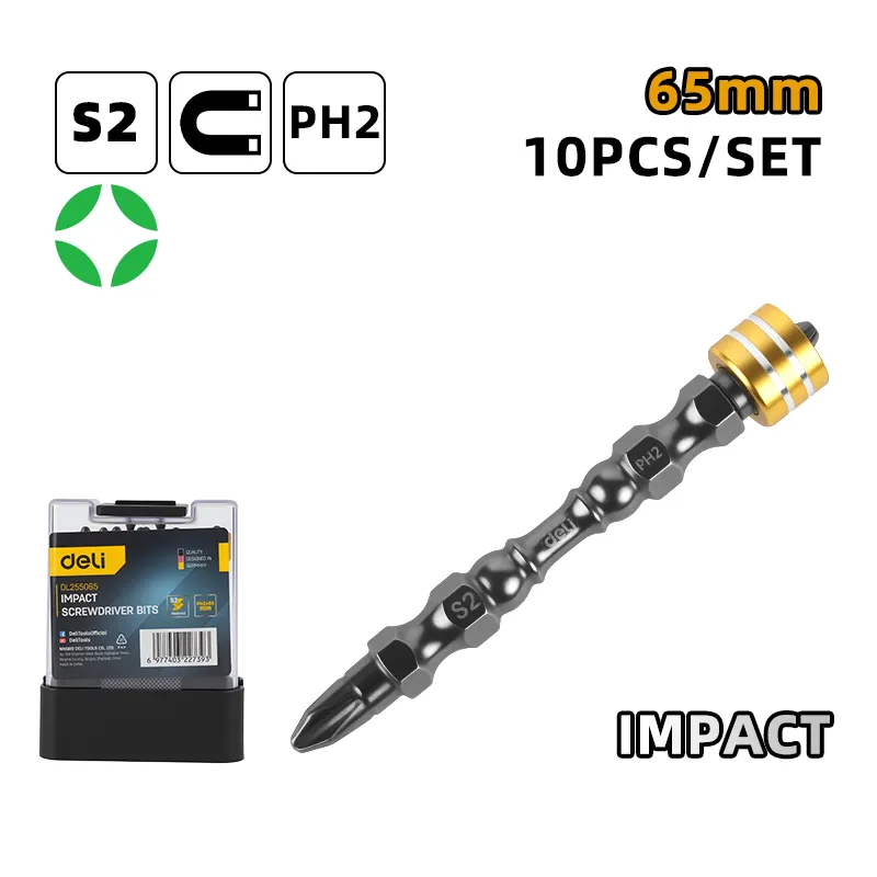 Deli EDL255065 Биты с магнитными кольцами PH2x65mm черные